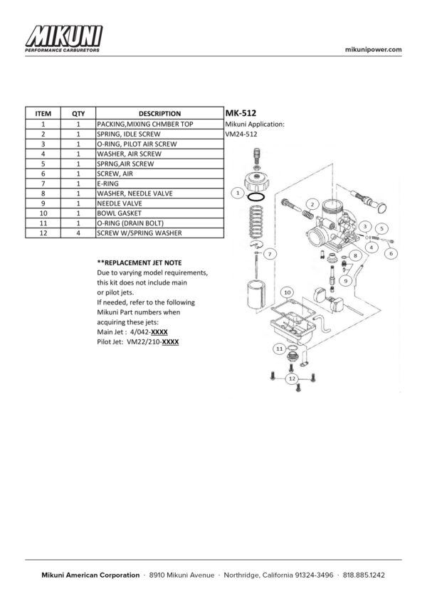 Mikuni Carburetor Rebuild Kit for Cobra, KTM, & Kawasaki 65cc Motorcycles - Image 3