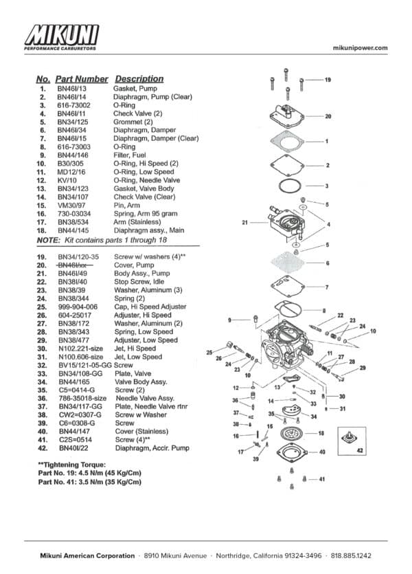 Mikuni Carburetor Rebuild Kit for Mikuni BN46-I PWC Carburetors - Image 4