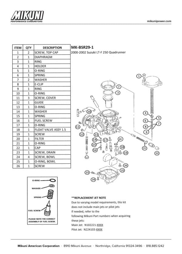 Mikuni Carburetor Rebuild Kit for Suzuki LT-F250 QuadRunner ATVs - Image 2