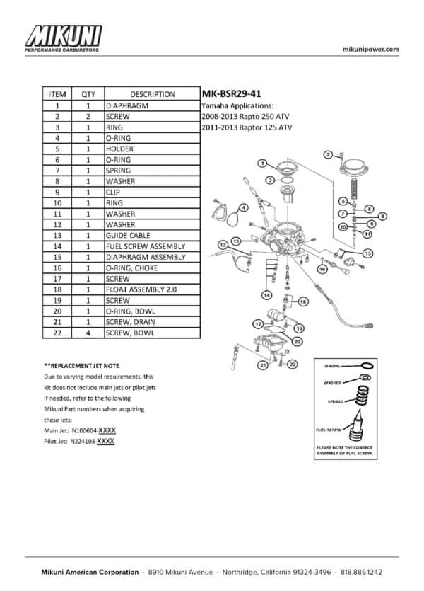 Mikuni Carburetor Rebuild Kit for Yamaha Raptor 125 & 250 ATVs - Image 4