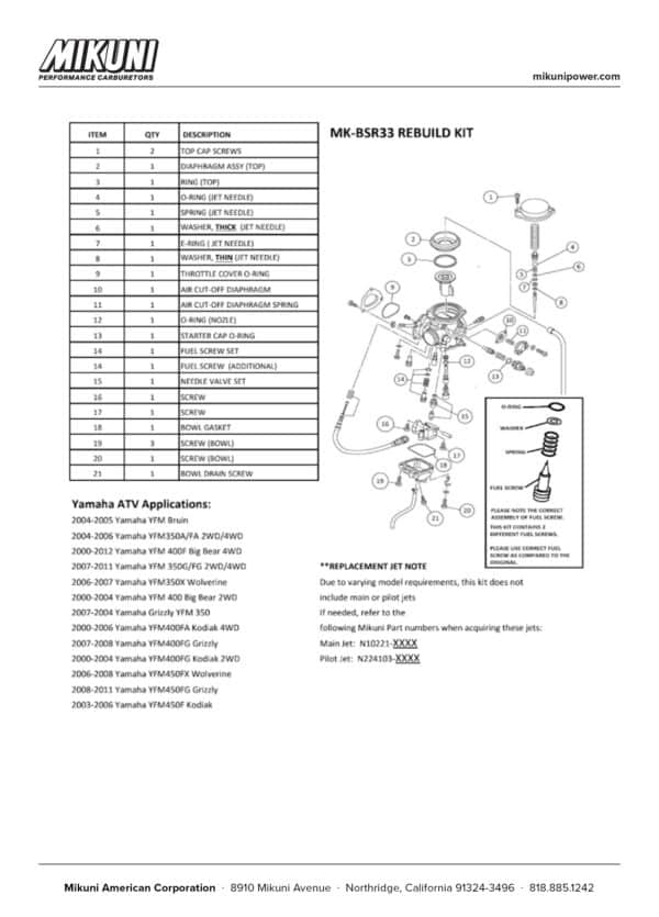 Mikuni Carburetor Rebuild Kit for Yamaha ATVs with Mikuni BSR33 Carburetors - Image 4