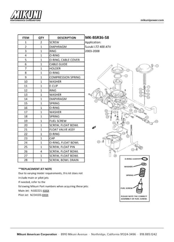 Mikuni Carburetor Rebuild Kit for Suzuki LTZ 400 ATVs - Image 4