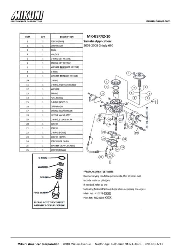 Mikuni Carburetor Rebuild Kit for Yamaha Grizzly 660 ATVs - Image 3