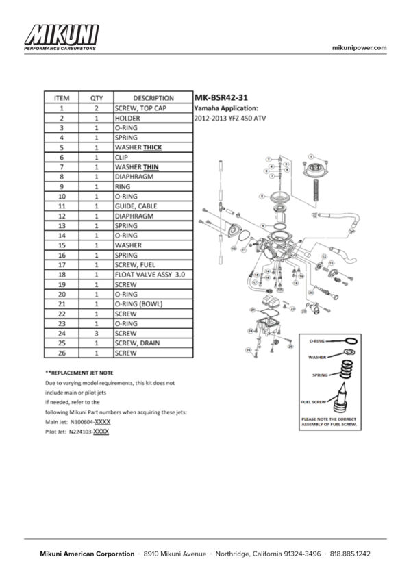 Mikuni Carburetor Rebuild Kit for Mikuni BSR42 / Yamaha ATVs - Image 2