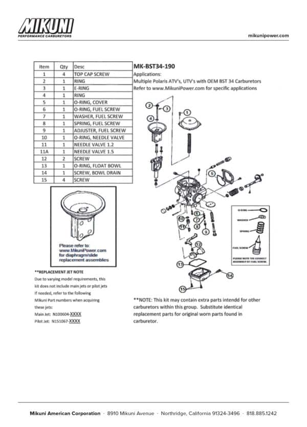 Mikuni Carburetor Rebuild Kit for Polaris ATVs & UTVs - Image 3