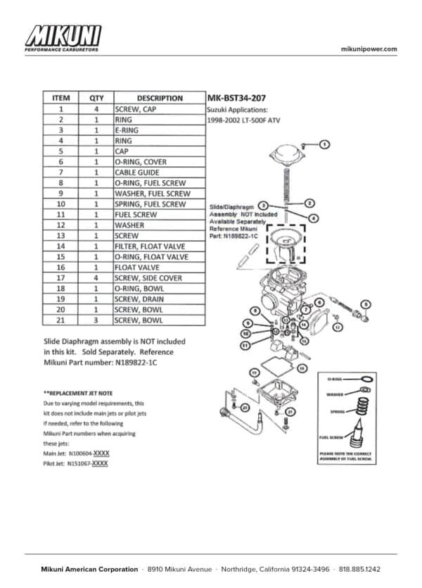 Mikuni Carburetor Rebuild Kit for Suzuki LT-500F ATVs - Image 3