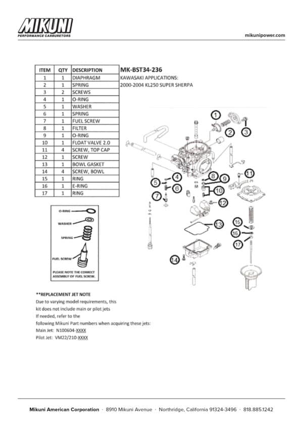 Mikuni Carburetor Rebuild Kit for Kawasaki KL250 Sherpa - Image 3