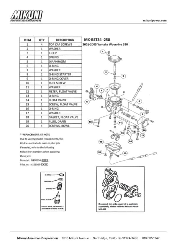 Mikuni Carburetor Rebuild Kit For Yamaha Wolverine 350 - Image 4