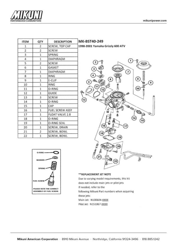 Mikuni Carburetor Rebuild Kit for Yamaha Grizzly 660 ATVs - Image 2