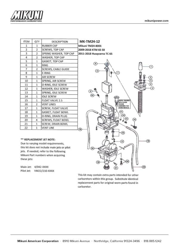 Mikuni Carburetor Rebuild Kit for KTM 65SX & Husqvarna TC65 with Mikuni TM24-8001 Carburetor - Image 4