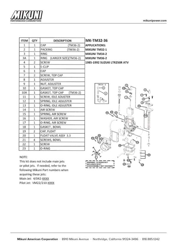 Mikuni Carburetor Rebuild Kit (replaces MK-TM32-34) for Suzuki LT250R ATV, Mikuni TM32-1, TM34-2, & TM36-2 Carburetor - Image 4