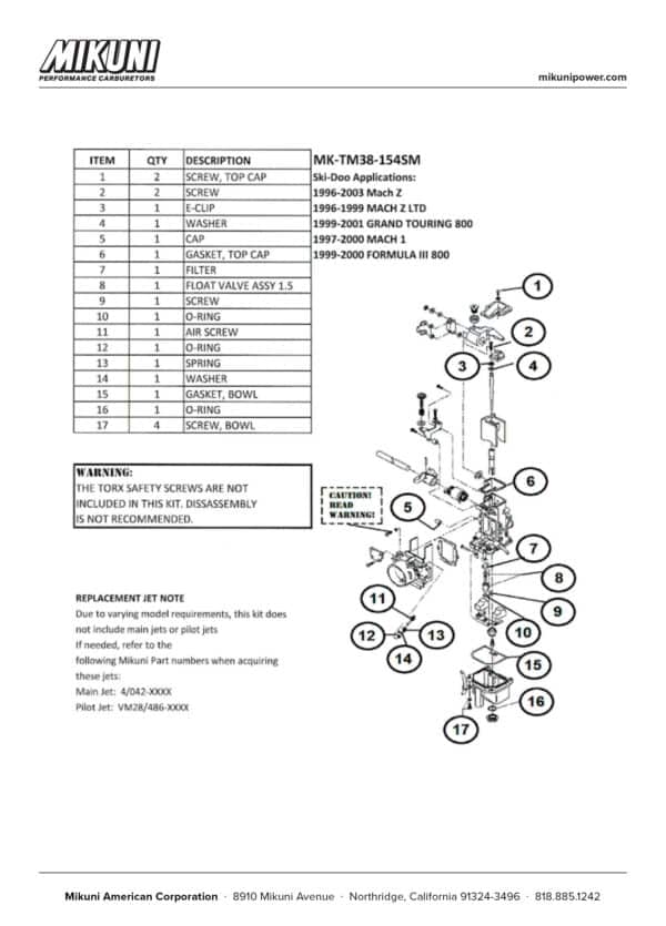 Mikuni Carburetor Rebuild Kit for Ski-Doo Snowmobiles with Mikuni TM Carburetors - Image 3