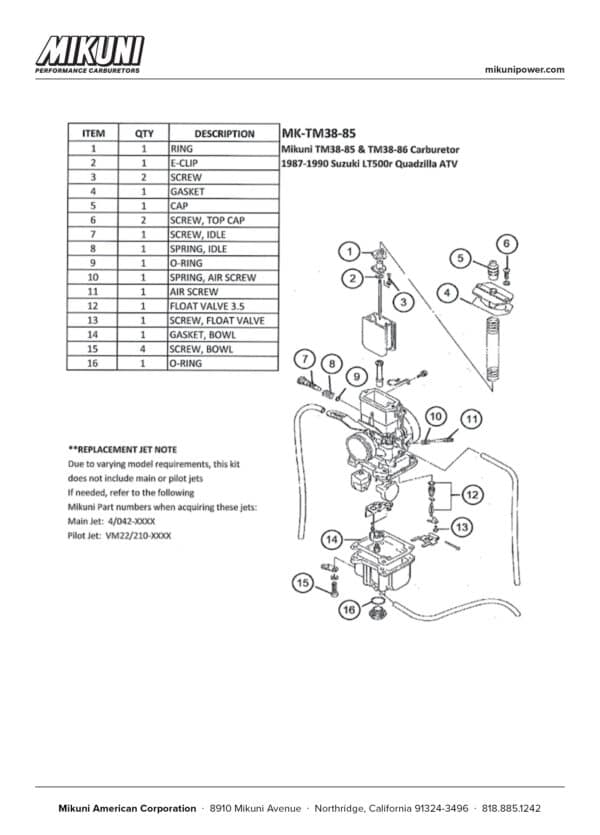 Mikuni Carburetor Rebuild Kit for Suzuki LT-500R Quadzilla ATVs & Mikuni TM38-85 & TM38-86 Carburetors - Image 3