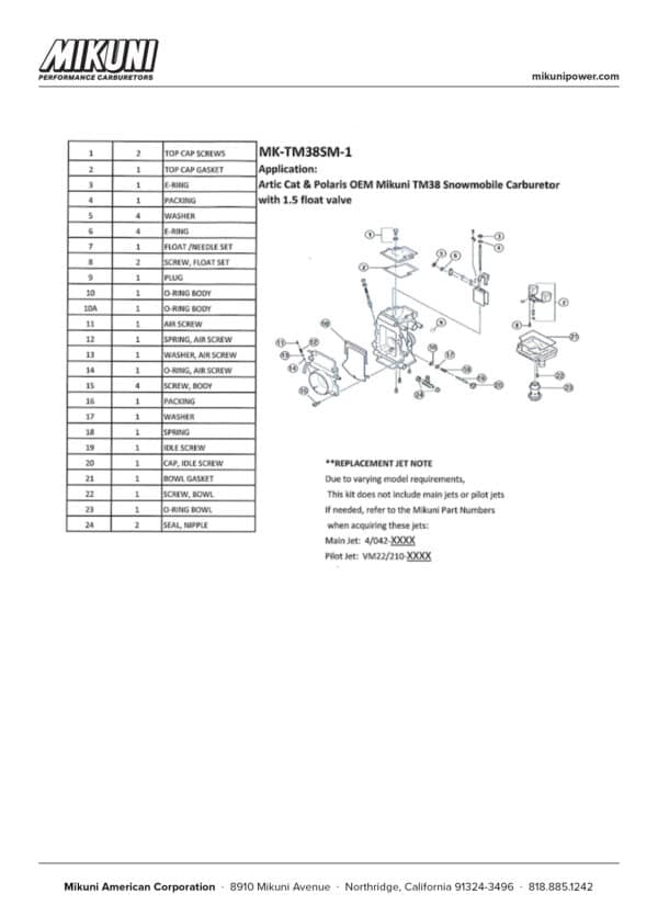 Mikuni Carburetor Rebuild Kit for Arctic Cat & Polaris Snowmobiles with Mikuni TM38 Carburetors - Image 6