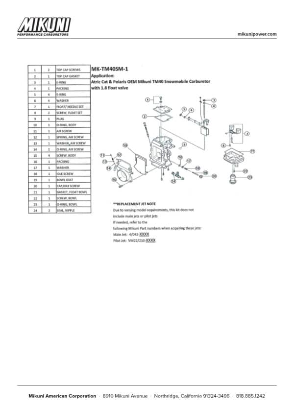 Mikuni Carburetor Rebuild Kit for Arctic Cat & Polaris Snowmobiles with Mikuni TM40 Carburetors - Image 6