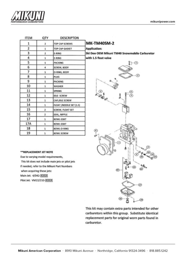 Mikuni Carburetor Rebuild Kit for Ski-Doo Snowmobiles with Mikuni TM40 Carburetors - Image 6