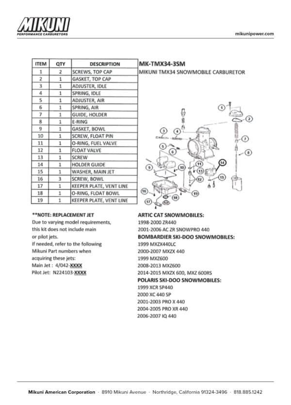 Mikuni Carburetor Rebuild Kit for Mikuni TMX34 Snowmobile Carburetor - Image 3