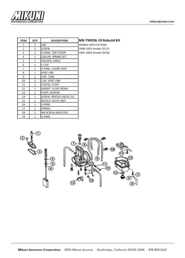 Mikuni Carburetor Rebuild Kit for Honda CR Motorcycles with Mikuni TMX36 Carburetors - Image 3