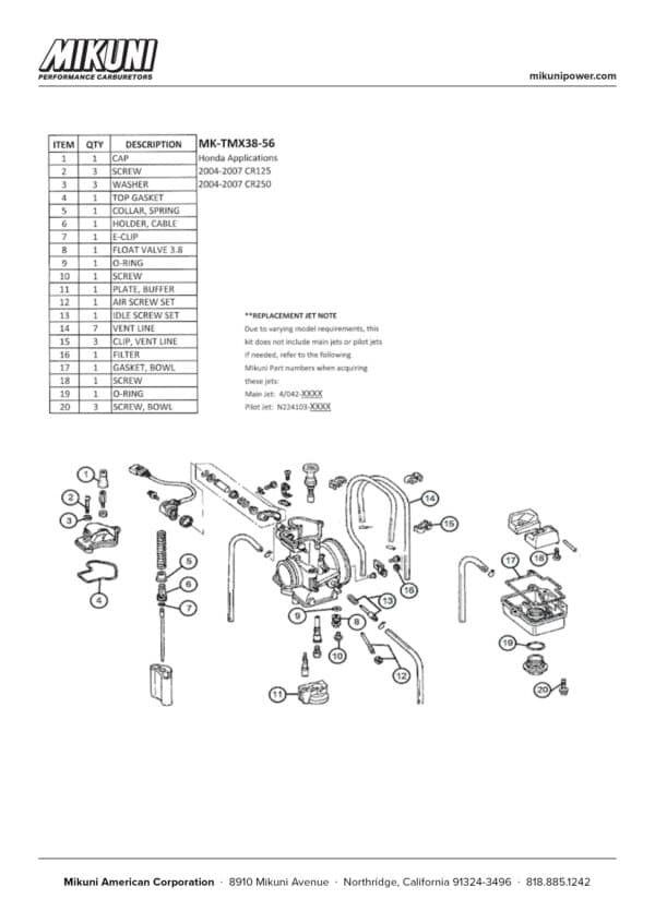 Mikuni Carburetor Rebuild Kit for 2004-2007 Honda CR125 & CR250 Motorcycles - Image 5