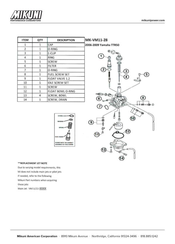 Mikuni Carburetor Rebuild Kit for Yamaha 2006-2009 TT-R50 Motorcycles - Image 3