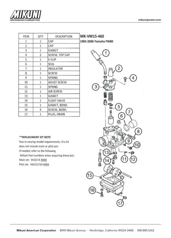 Mikuni Carburetor Rebuild Kit for Yamaha PW80 - Image 3