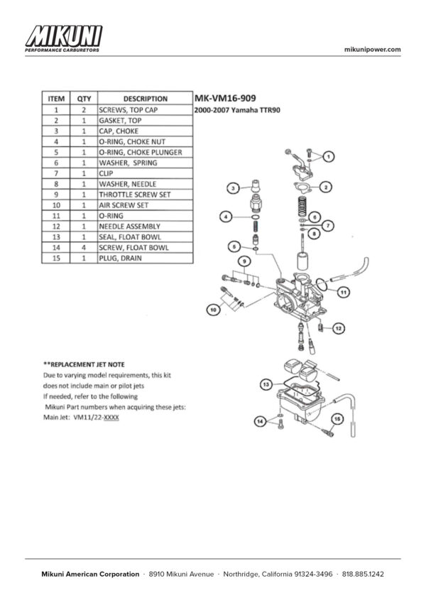 Mikuni Carburetor Rebuild Kit for Yamaha 2000-2007 TT-R90 - Image 2