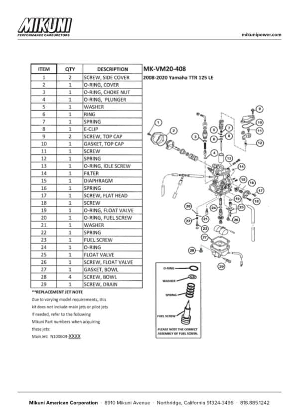 Mikuni Carburetor Rebuild Kit for Yamaha 2008-2022 TT-R125 LE Motorcycles - Image 3