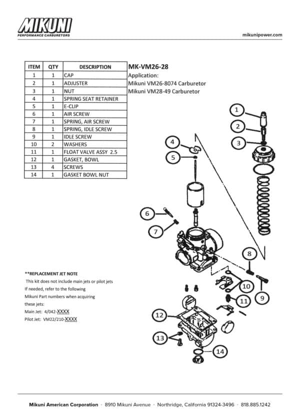 Mikuni Carburetor Rebuild Kit for Mikuni VM26-8074 and VM28-49 Carburetors - Image 2