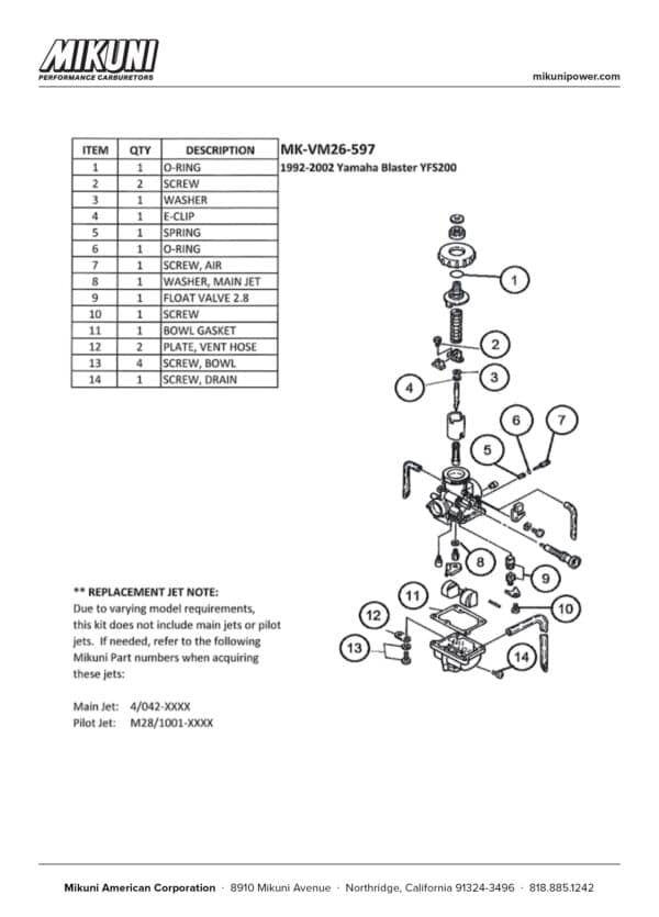 Mikuni Carburetor Rebuild Kit for Yamaha Blaster YFS200 - Image 3