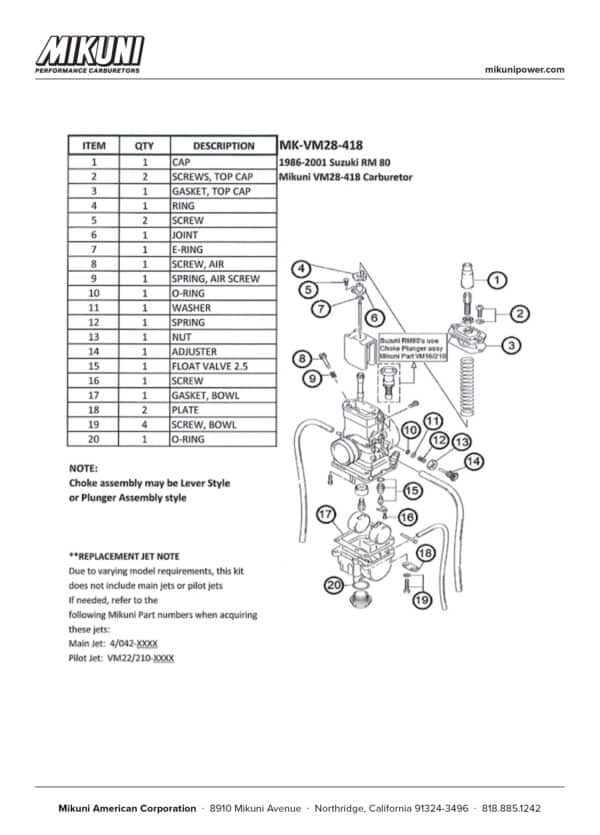 Mikuni Carburetor Rebuild Kit for Suzuki RM80 & Mikuni VM28-418 Carburetors - Image 4