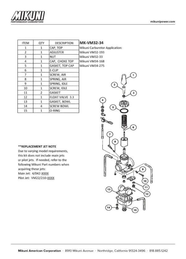 Mikuni Carburetor Rebuild Kit for Mikuni VM32-193, VM32-33, VM34-168, VM34-275 Carburetors - Image 3