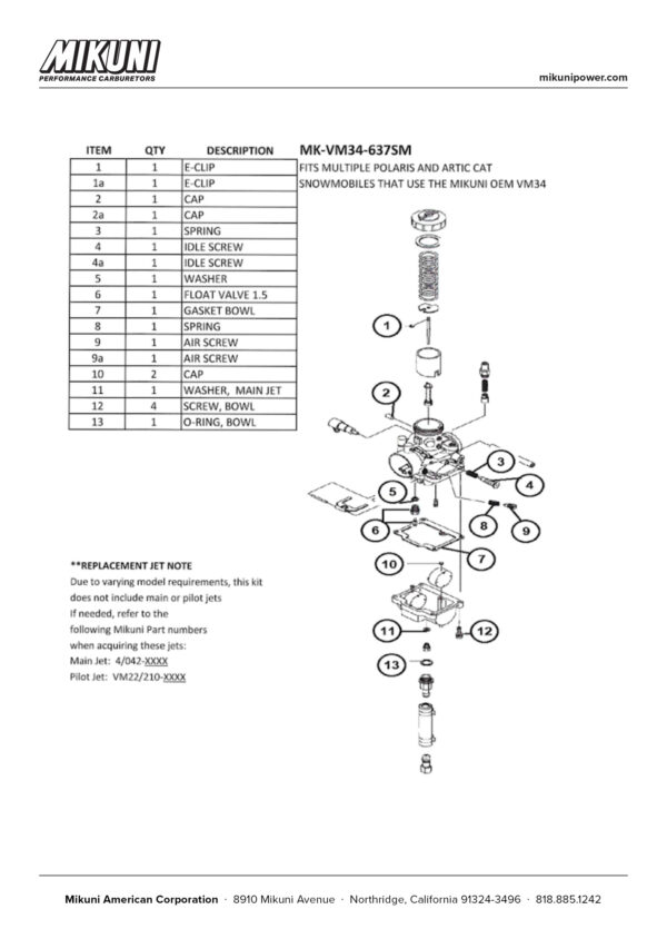 Mikuni Carburetor Rebuild Kit for Arctic Cat & Polaris Snowmobiles with Mikuni VM34 Carburetors - Image 3