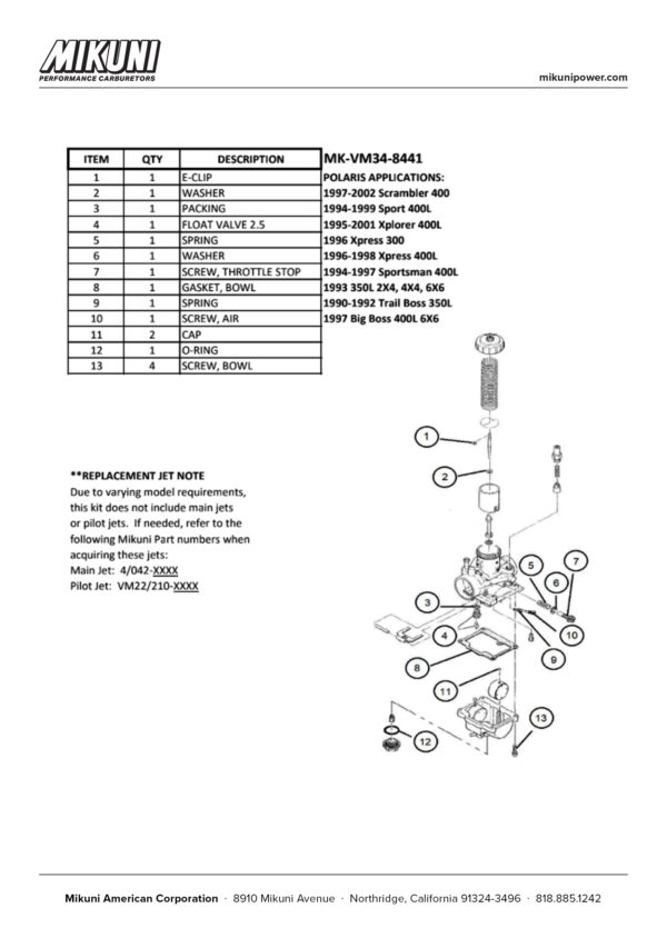 Mikuni Carburetor Rebuild Kit for Polaris ATVs - Image 3